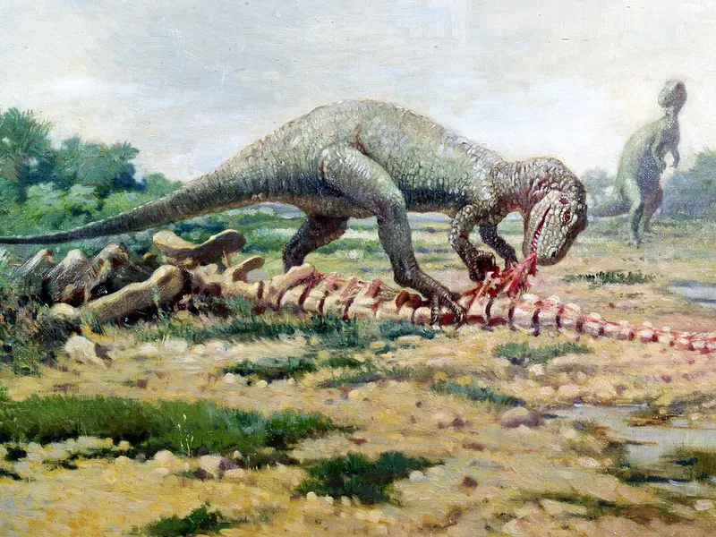 Charles R. Knight painting of Allosaurus feeding on the carcass of a sauropod