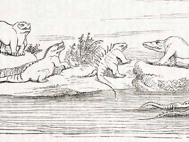 Concept drawing of Crystal Palace Dinosaurs (1854)