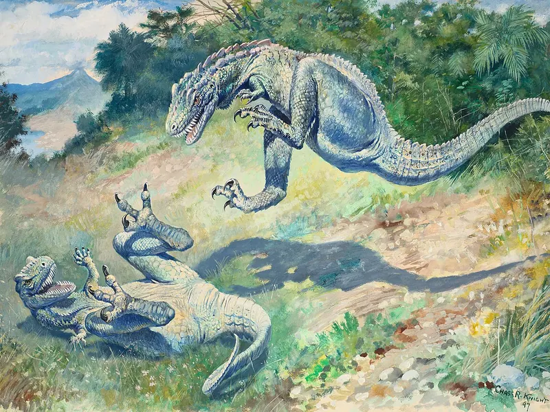 Charles R. Knight’s 1897 painting Leaping Laelaps: two dinosaurs fighting, one in mid-leap