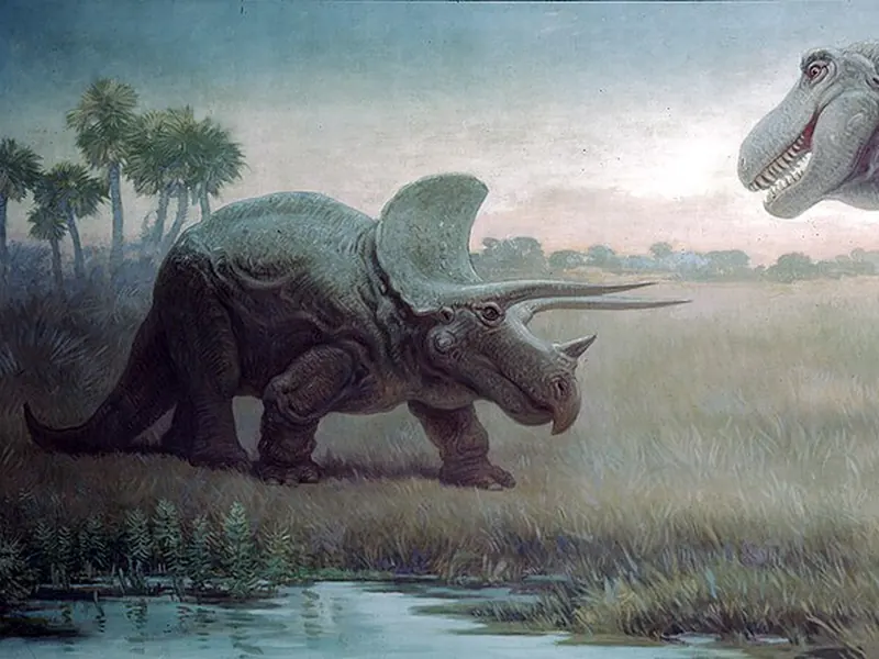 Charles R. Knight painting of a Triceratops on a grassy plain